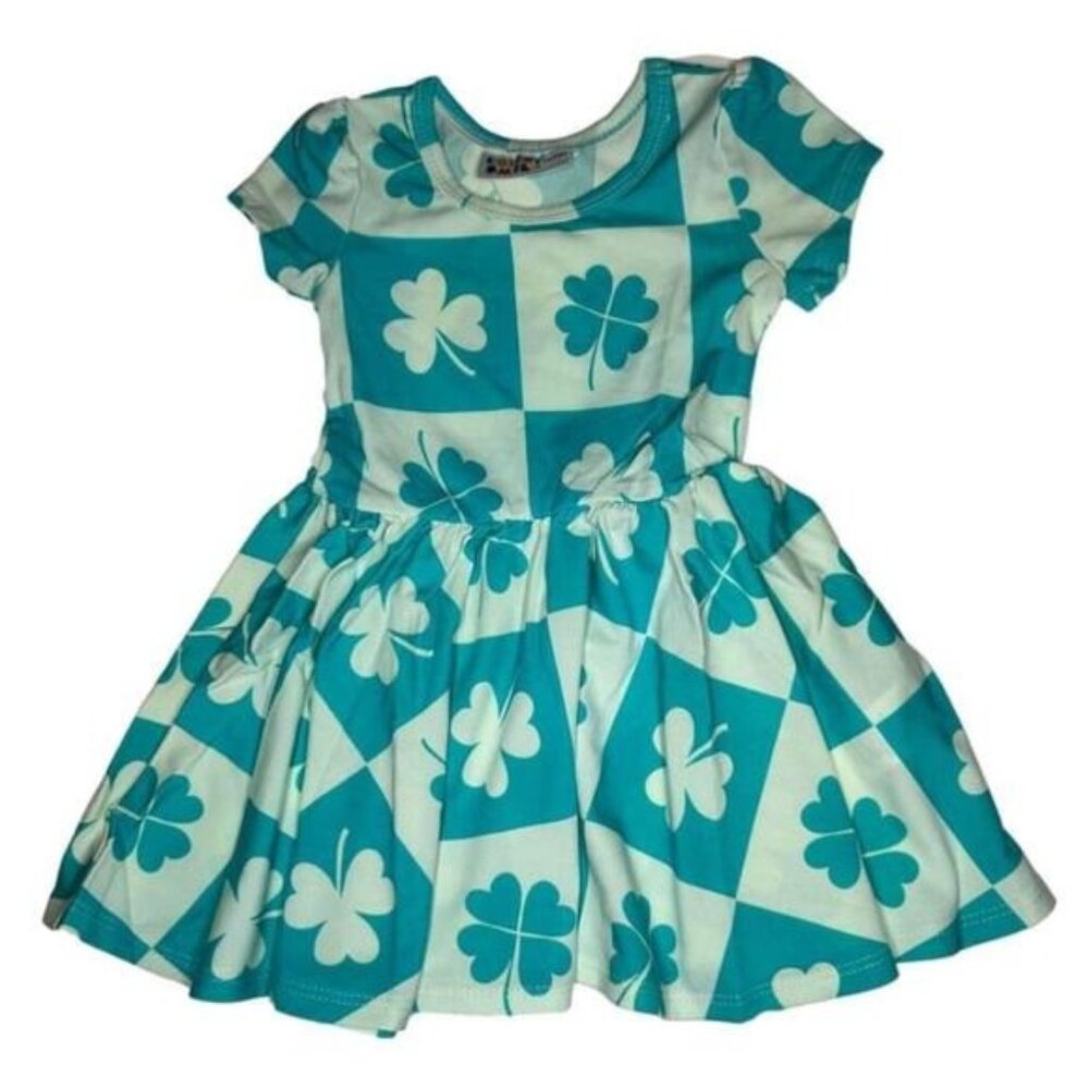 Girls Dot Dot Smile Cap Sleeve Dress Green Shamrock Clover Checkerboard 12-24M